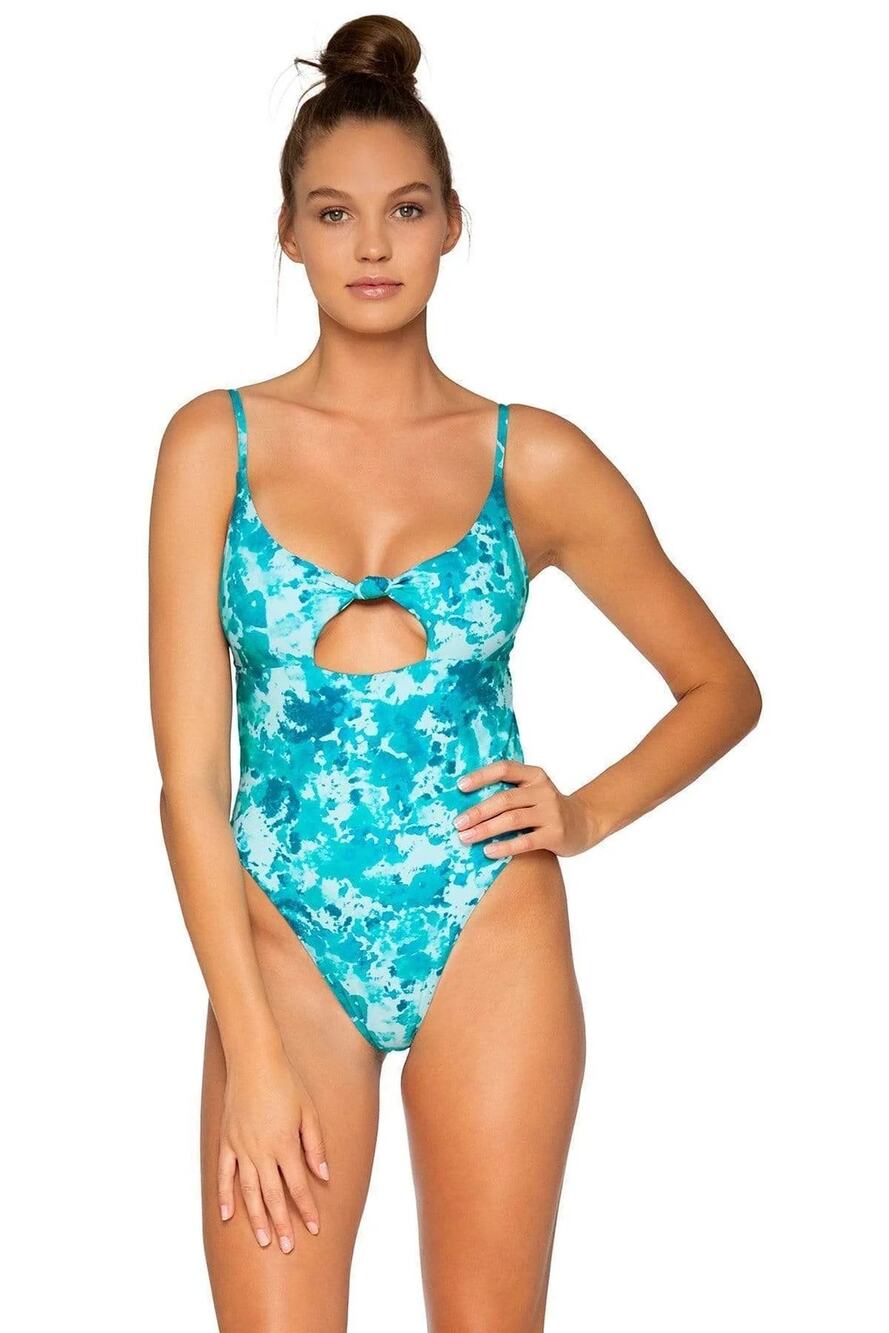 B Swim Deep Dive Blue Atlas Front Knot High Cut Leg One Piece Swimsuit M